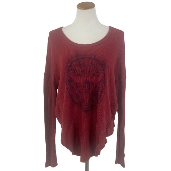Free People Burgundy Graphic Bull Print Waffle Knit Thermal Top M | Western Boho - Picture 2 of 11